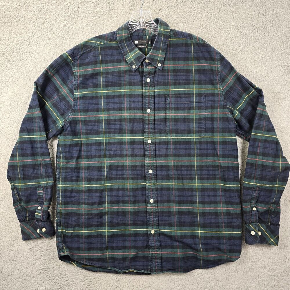 Le 31 Par Simons Mens Green Blue Button Up Plaid Shirt Preppy Size XL